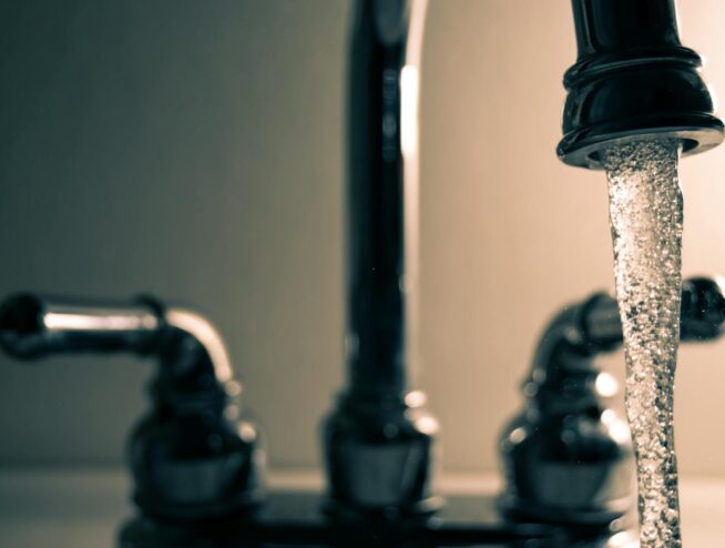 A detailed shot of water flowing from a steel faucet, ideal for themes on cleanliness or plumbing.